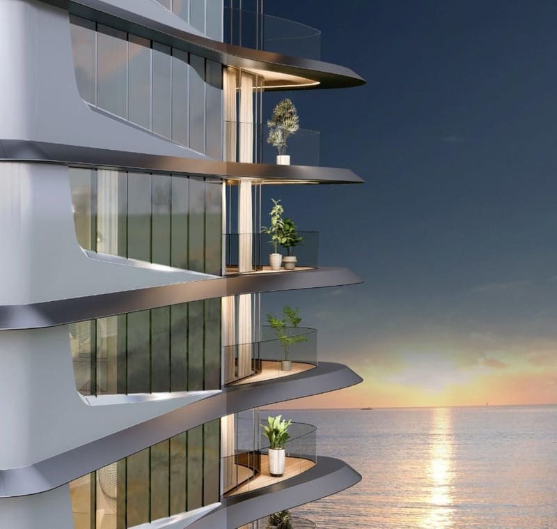 Render of the Brennand towers above the sea in Rio Vermelho, Salvador
