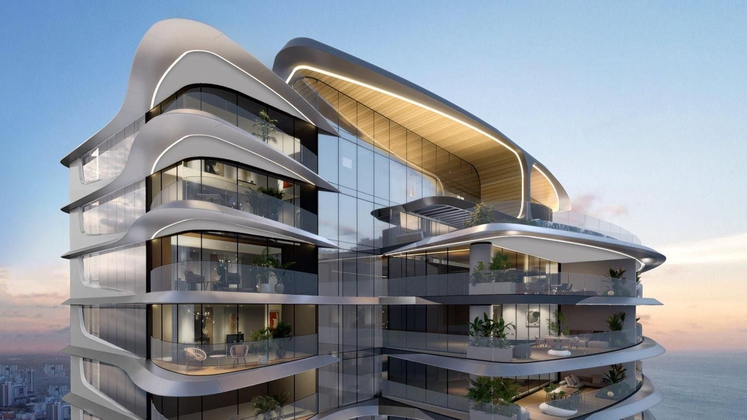 Render of the Brennand towers above the sea in Rio Vermelho, Salvador