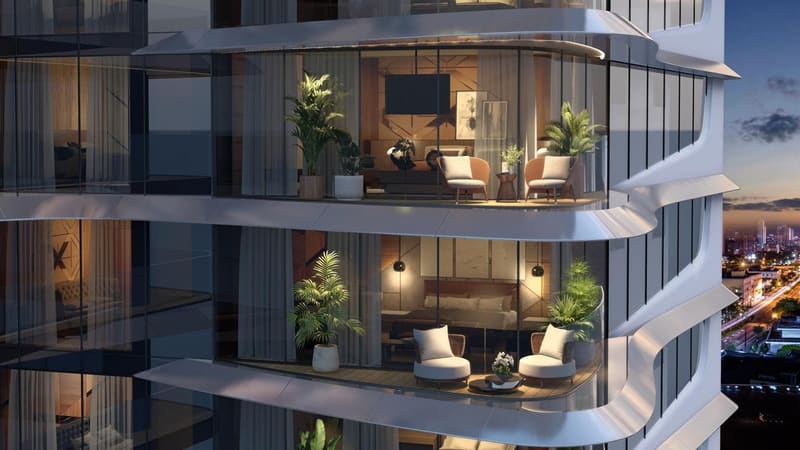 Render of a balcony with its living room, looking over the city