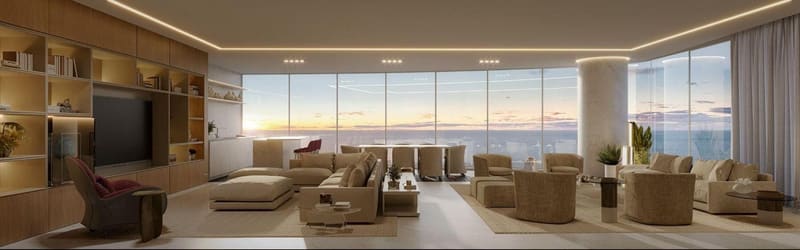 Render of a living room running the width of the apartment