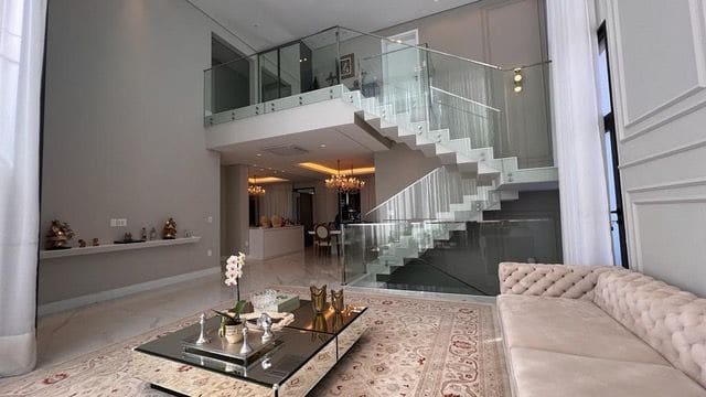 Double-height living room with staircase