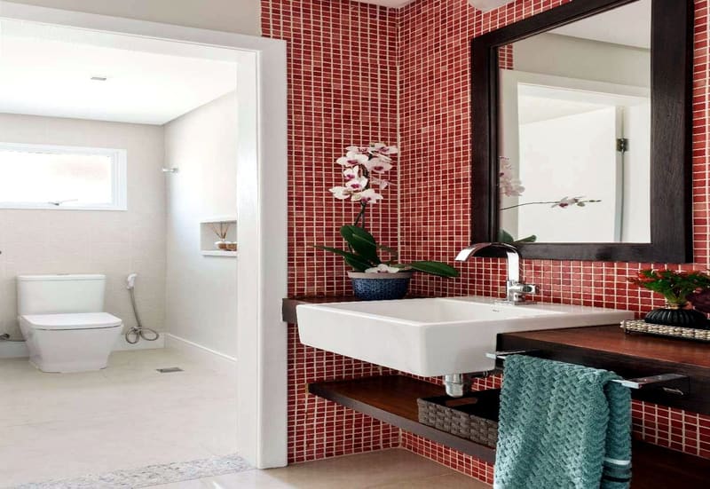 Bathroom with red mosaic tiles