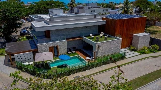 Aerial view of the house and pool