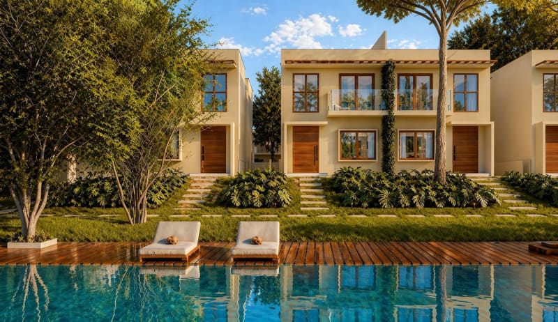 Illustrative rendering of the houses around the pool