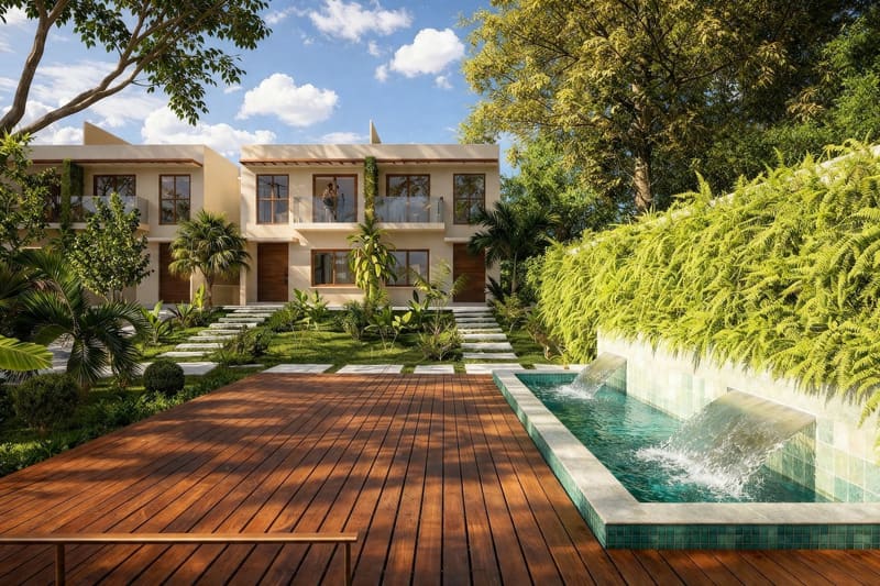 Illustrative rendering of the pool and wooden deck
