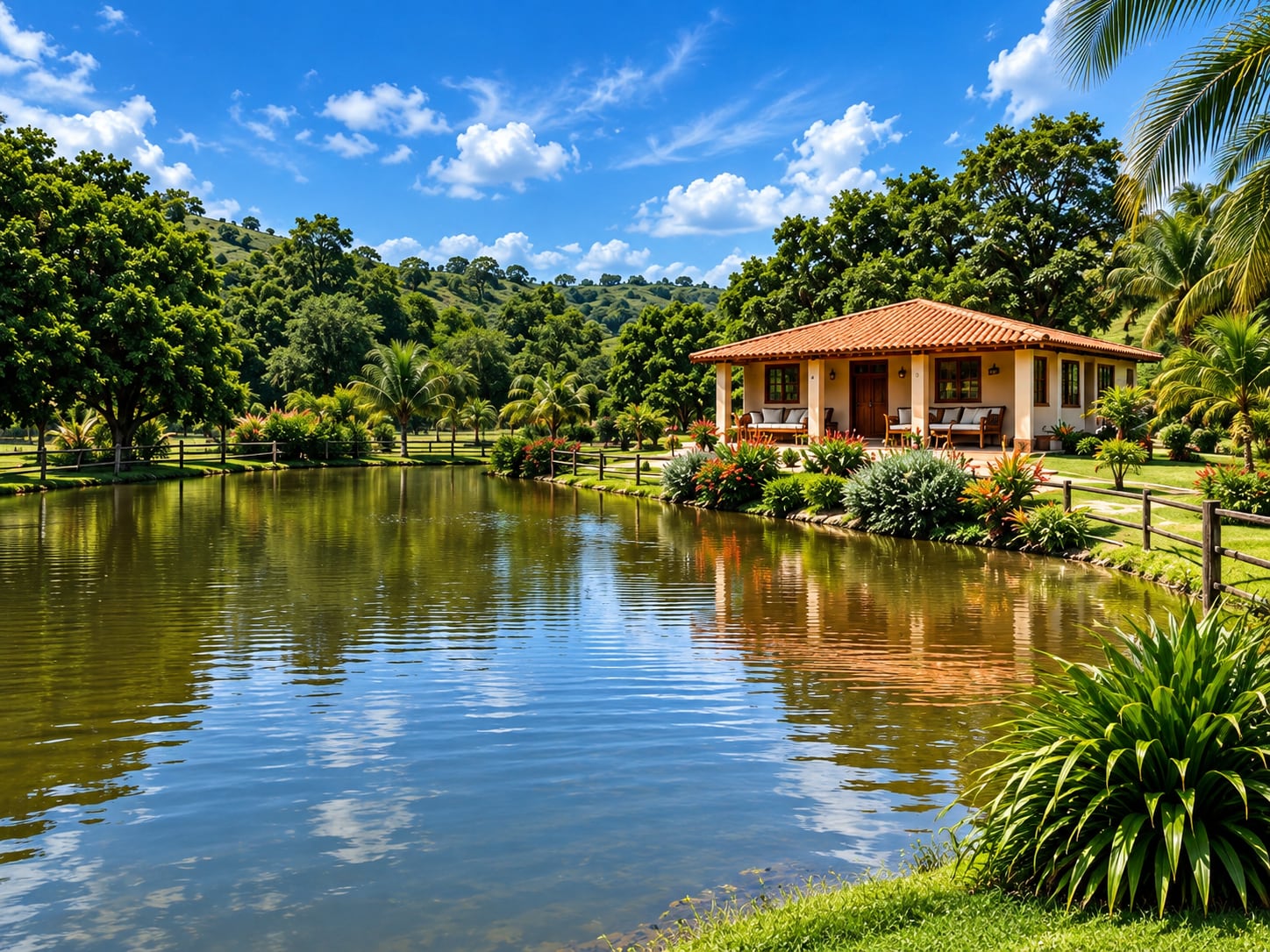 The house seen across the lake, framed by gardens