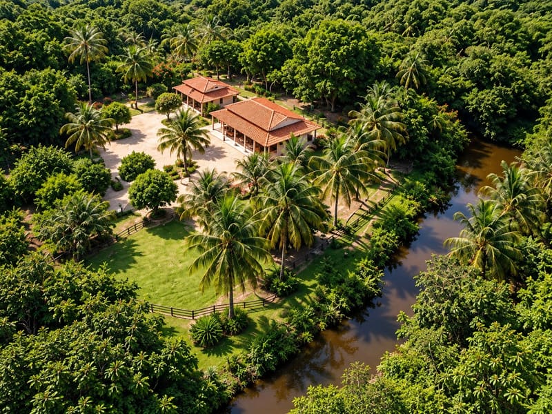 Aerial view of the house, the orchard and the river