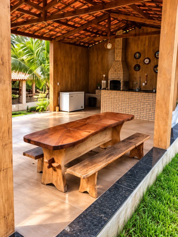 Covered kiosk with a solid wood table and benches