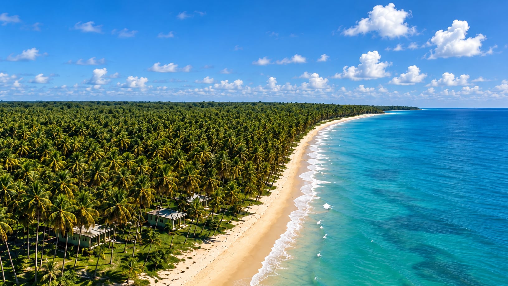 Aerial view of the beach and coconut grove on Ilha do Contrato