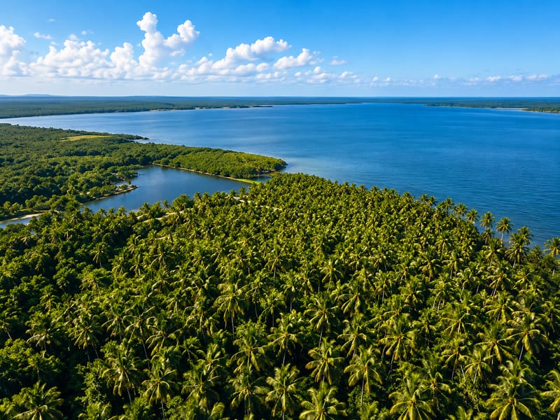Aerial view of the land, the coconut grove and the Rio Serinhaém