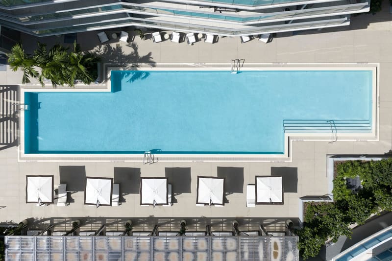 Pool and sun loungers seen from above