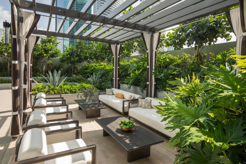 Shaded pergola lounge on the amenity deck